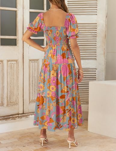 ZESICA Women's 2025 Summer Boho Floral Print Square Neck Ruffle Swing Beach Long Maxi Dress,GreyGreen,Large
