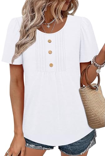 Womens Tops Dressy Casual Blouses Short Sleeve Shirts Plus Size Fashion Clothing Spring Summer Outfits Tuck Pleated Front White 2XL