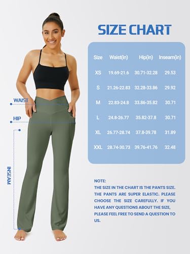FOHOFO Yoga Pants Women, Flare Leggings for Women with Pockets Crossover High Waisted Bootcut Yoga Pants Army Green