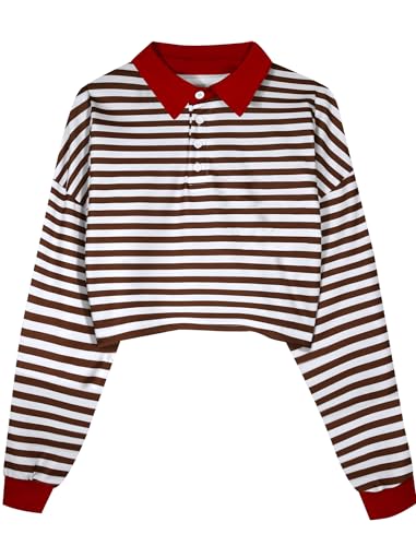 Natalie Winters Dress - Remidoo Women's Collared Half Button Long Sleeve Striped Crop Top Sweatshirt Brown Red-1