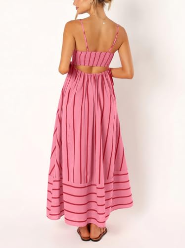 chouyatou Women's Striped Back Smocked Maxi Dress Sexy Spaghetti Strap Cut Out Flowy Swing Long Dress (Medium, Watermelon Red)