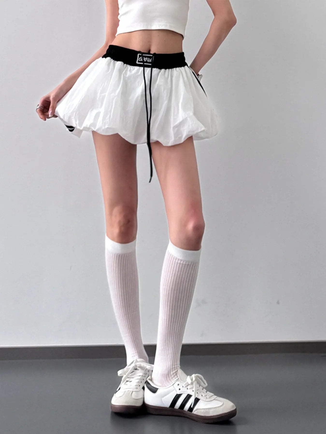 Drawstring Mini Skirt with Contrast Waistband