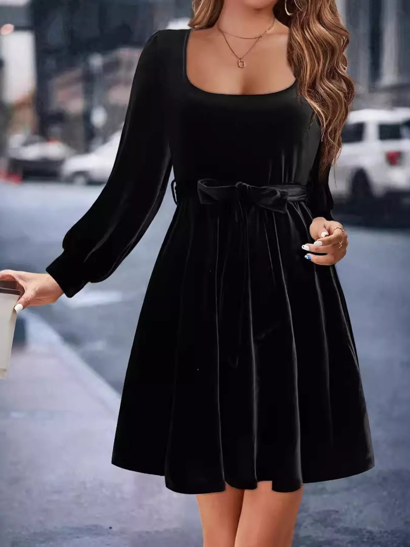 Velvet Long Sleeve A-Line Dress Black