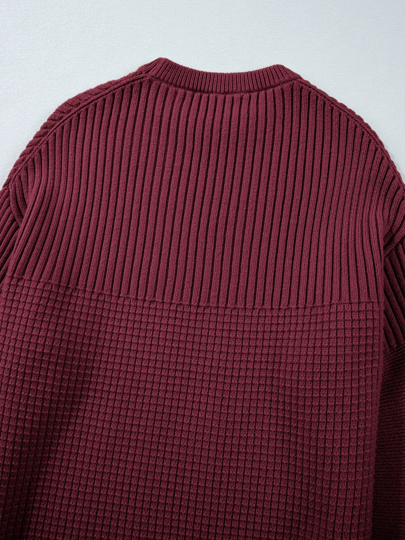 Solid Color Mixed Textured Knitted Crew Neck Sweater