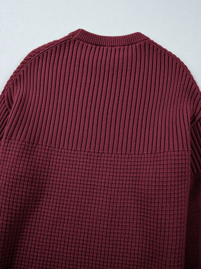 Solid Color Mixed Textured Knitted Crew Neck Sweater