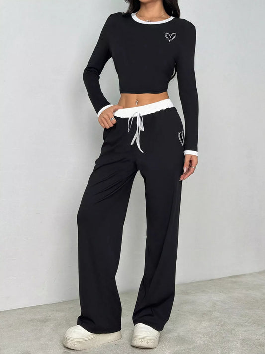 Contrast Trim Crop Top and Wide Leg Pants Set Black