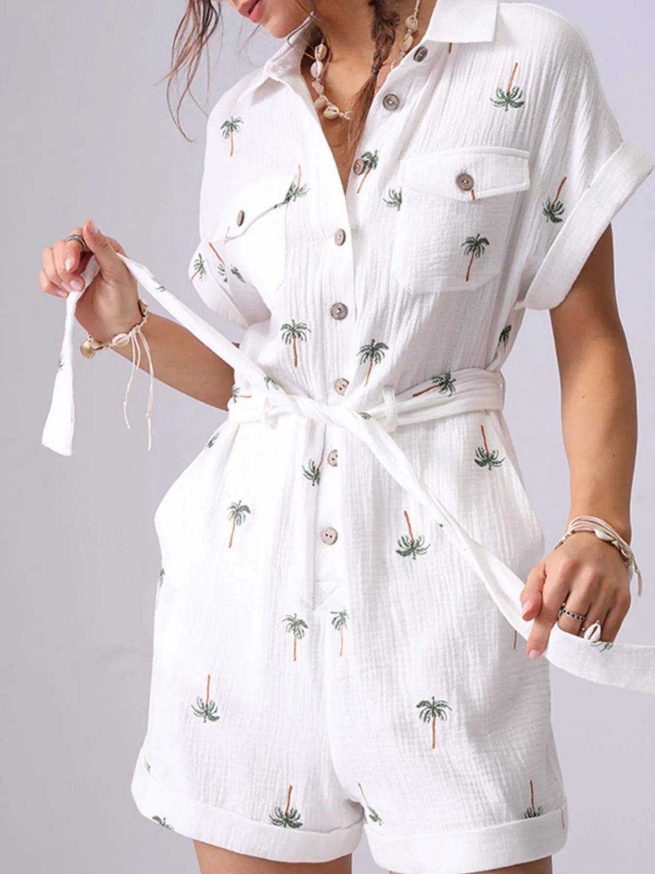Palm Tree Print Short Sleeve Button-Up Romper with Belt
