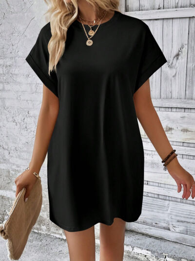 Round Neck Short Sleeve Mini Tee Dress with Pockets