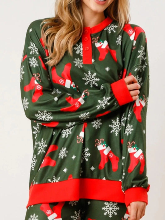 Christmas Long Sleeve Top and Pants Lounge Set Green