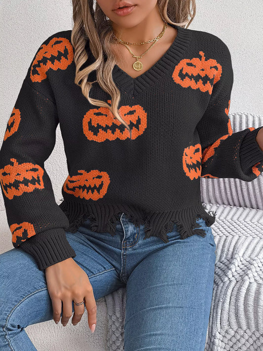 Halloween Pumpkin Pattern Raw Hem V-Neck Sweater