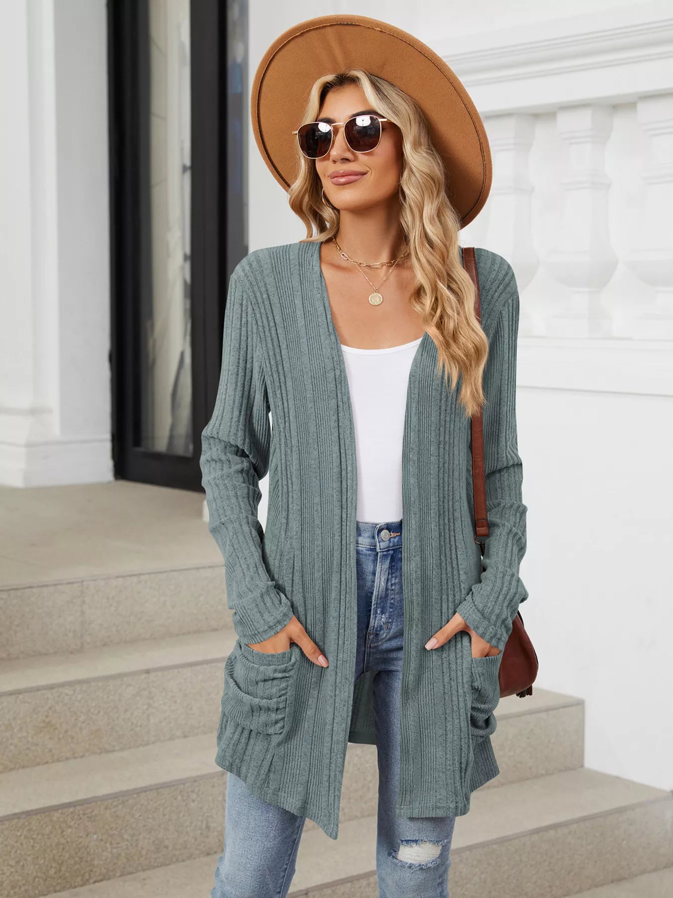Open Front Long Cardigan Blue