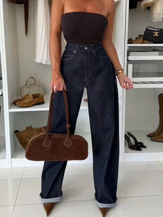 High-Waisted Wide-Leg Washed Jeans Dark Navy