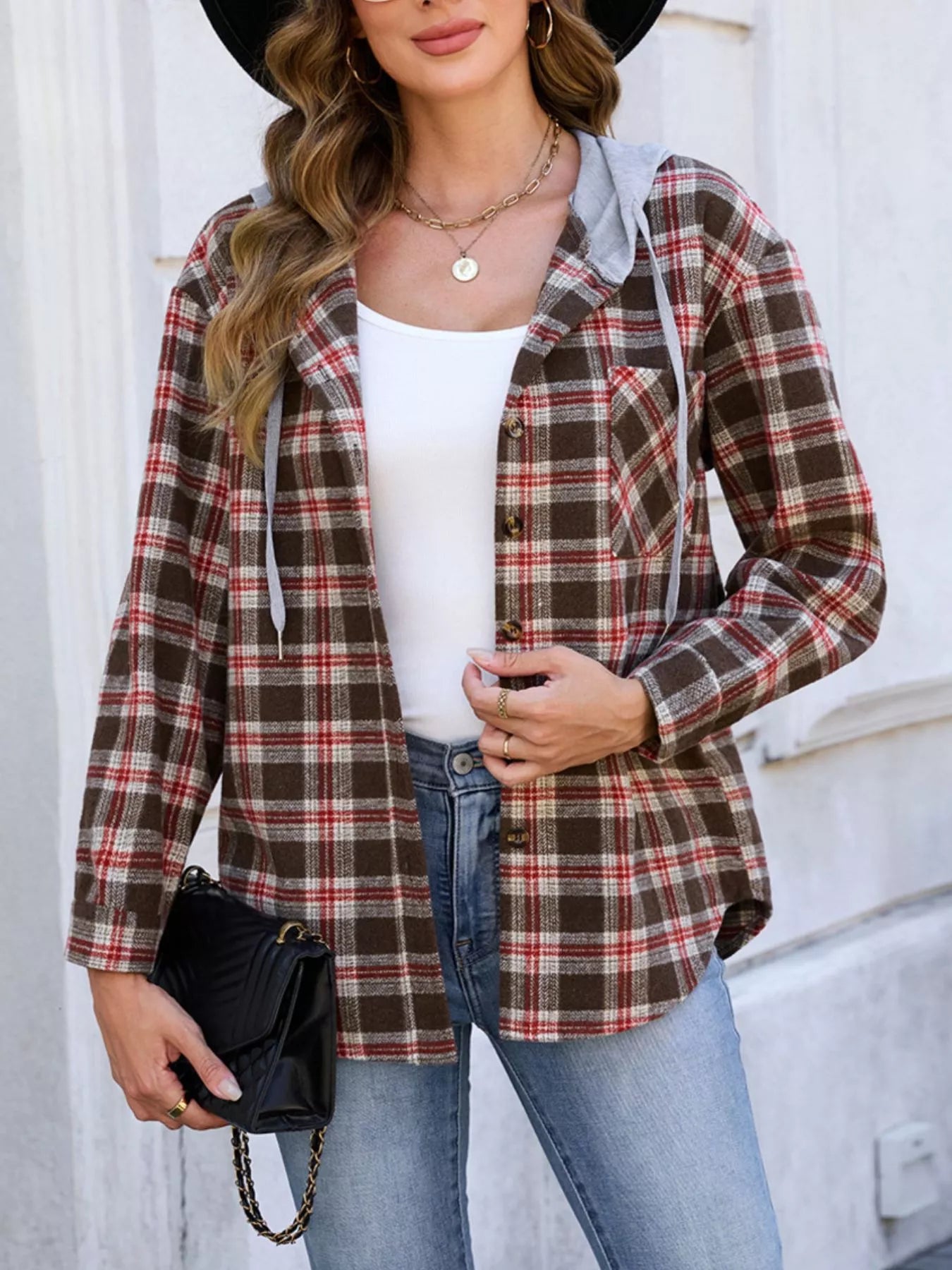 Hooded Plaid Button-Up Shacket