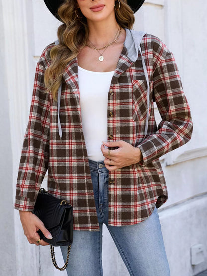 Hooded Plaid Button-Up Shacket