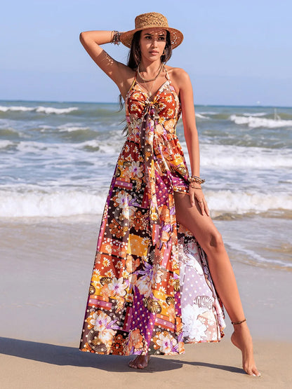 Slit Printed Halter Neck Cami Dress