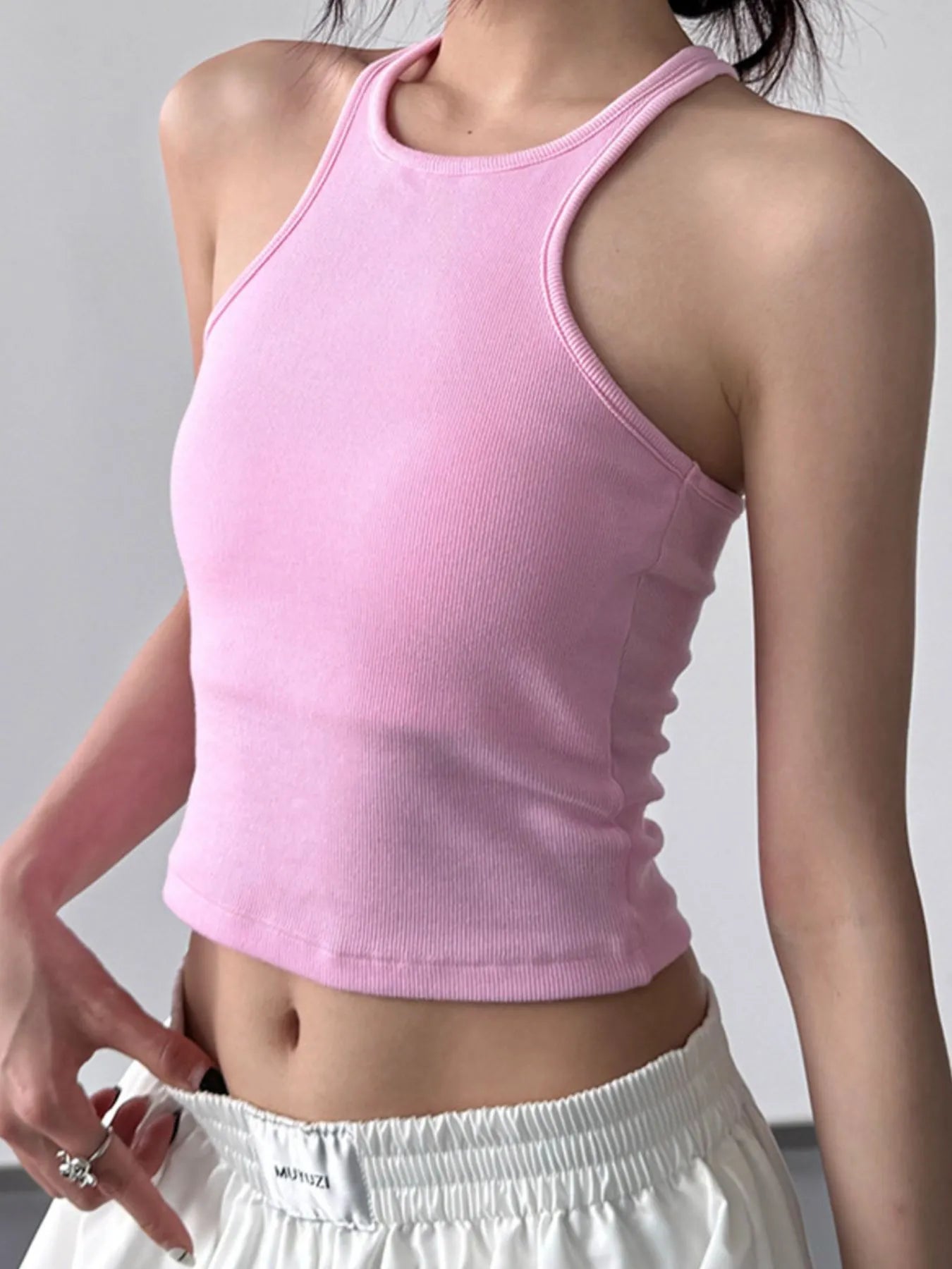 Ribbed Round Neck Crop Tank Top
