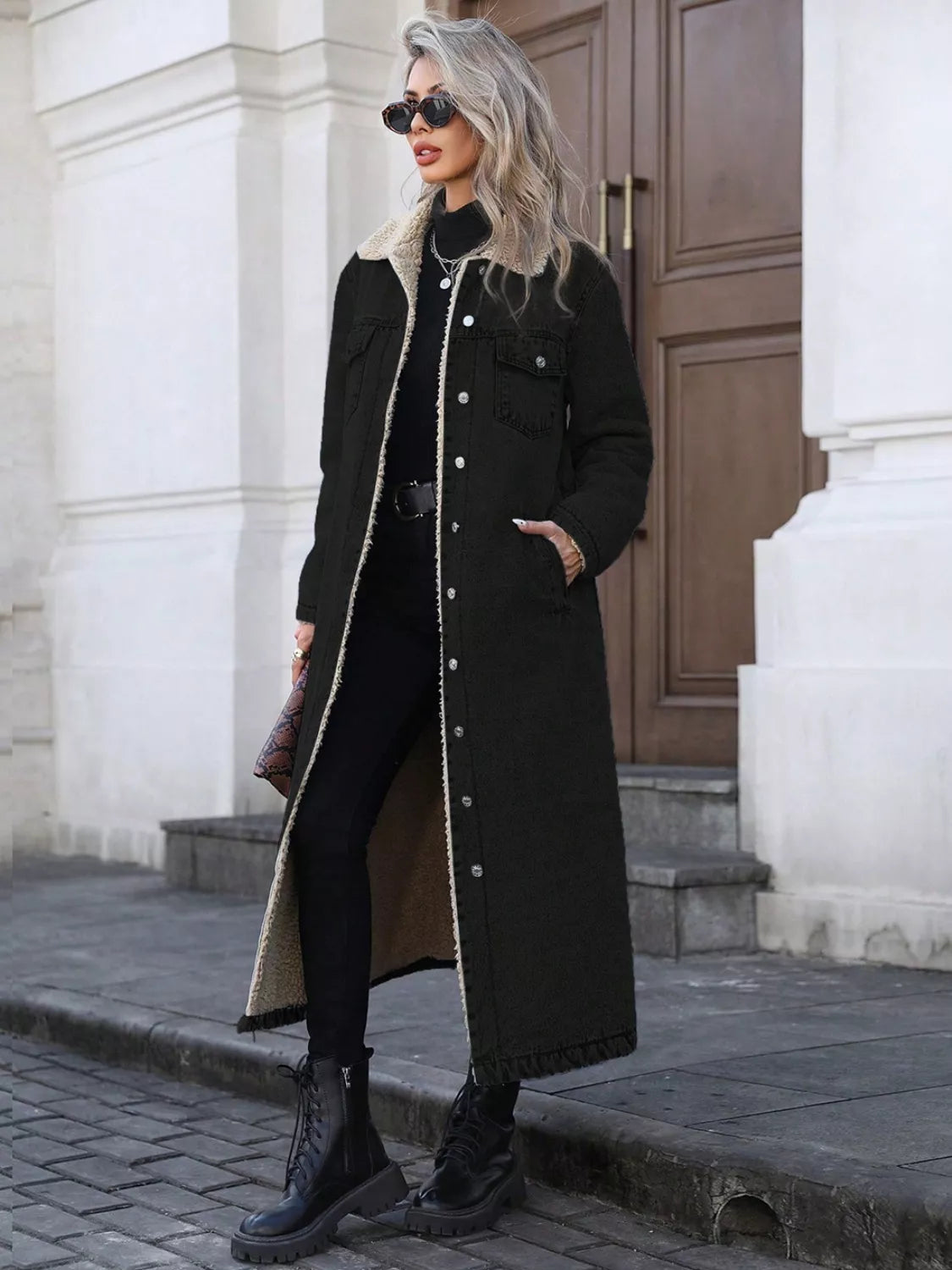 Sherpa Lined Longline Denim Jacket Black