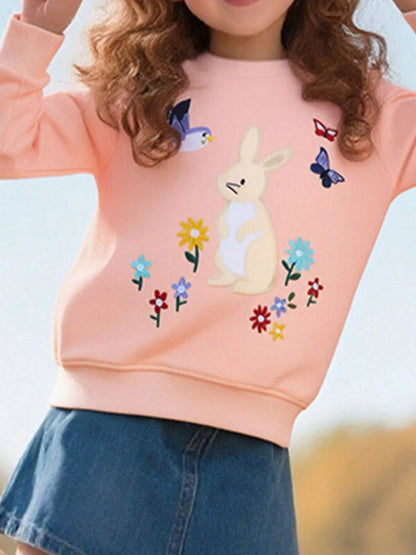 Children's Cute Bunny Embroidered Round Neck Sweatshirt Watermelon pink