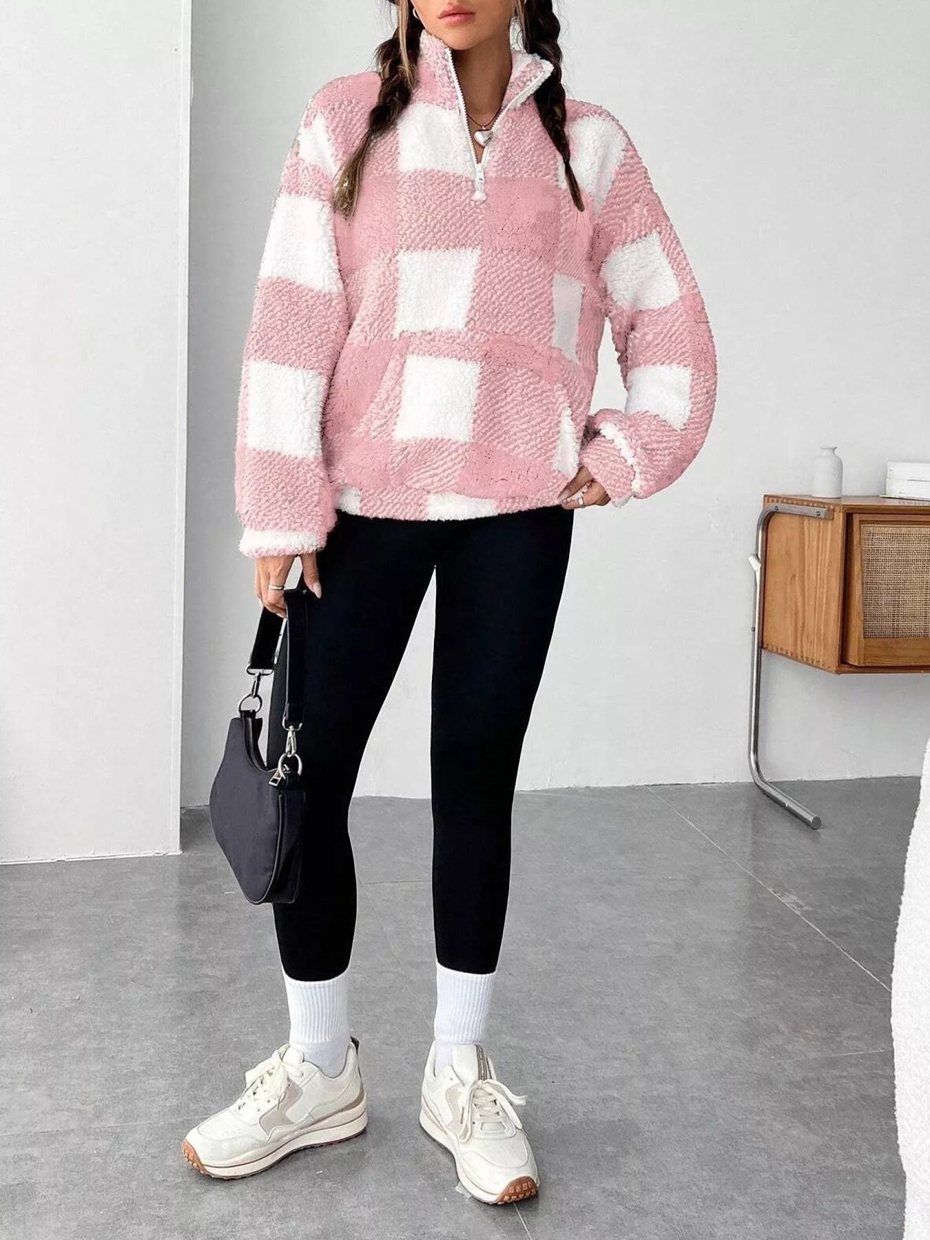 Full Size Plaid Sherpa Long Sleeve Sweatshirt Plus Size