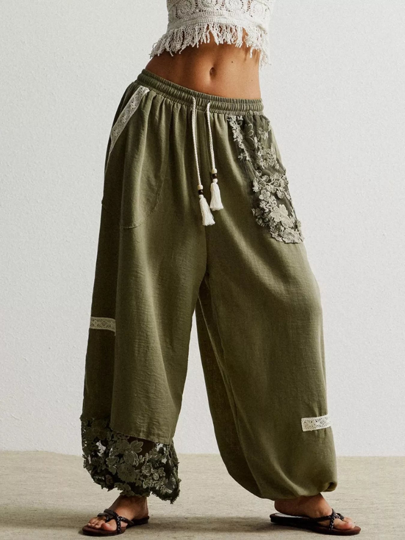 Lace Detail Drawstring Harem Pants