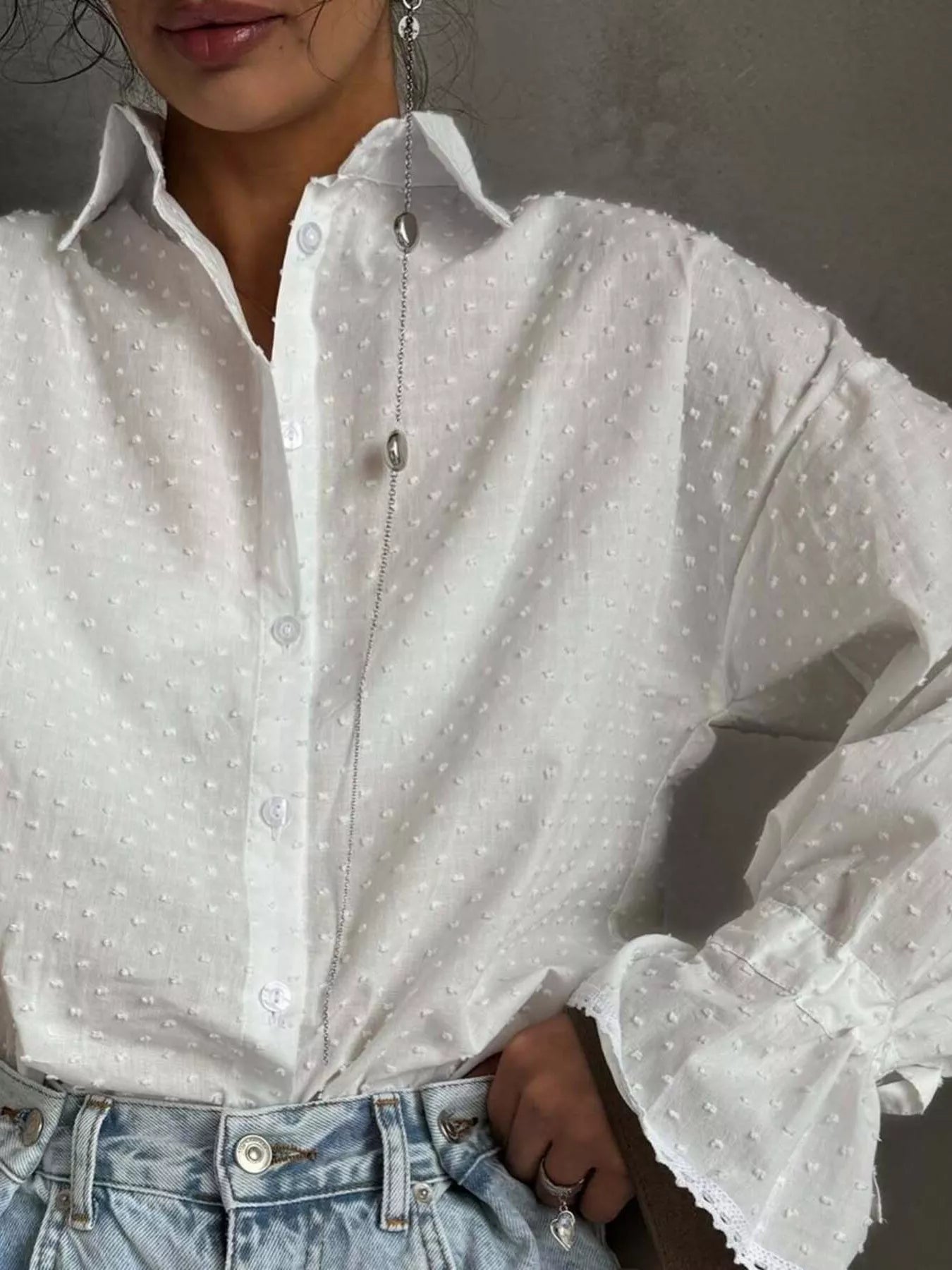 Swiss Dot Flounce Sleeve Shirt