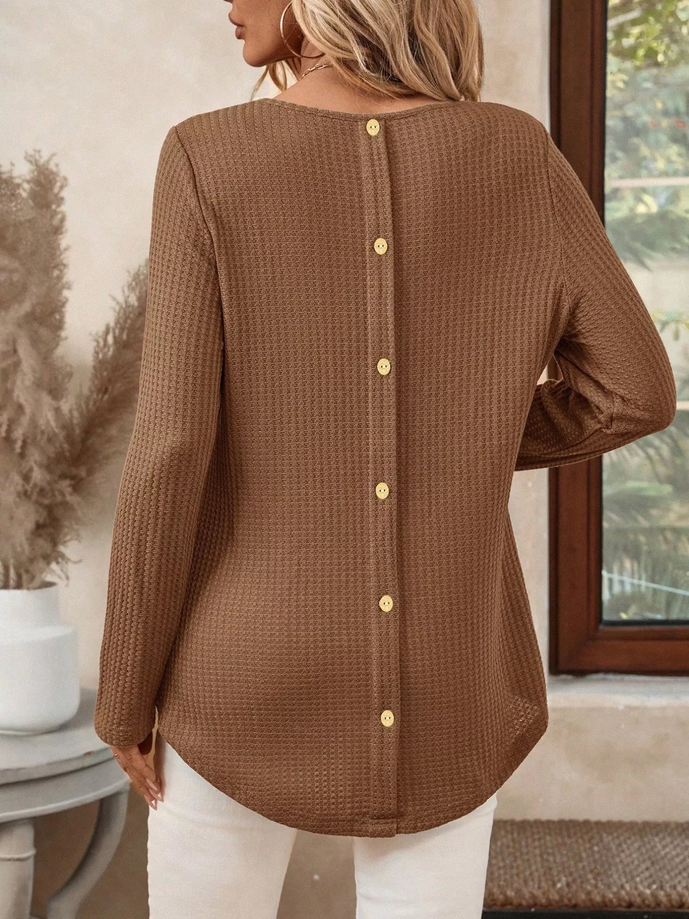 Plus Size Casual Waffle Knit Long Sleeve T-Shirt