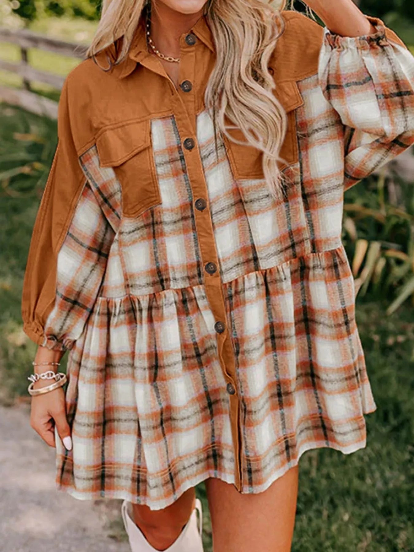 Plaid Button Front Mini Dress Caramel