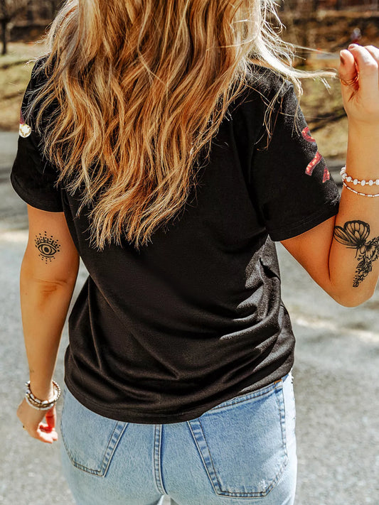 Sequin Christmas Bow Santa Claus Patched T Shirt