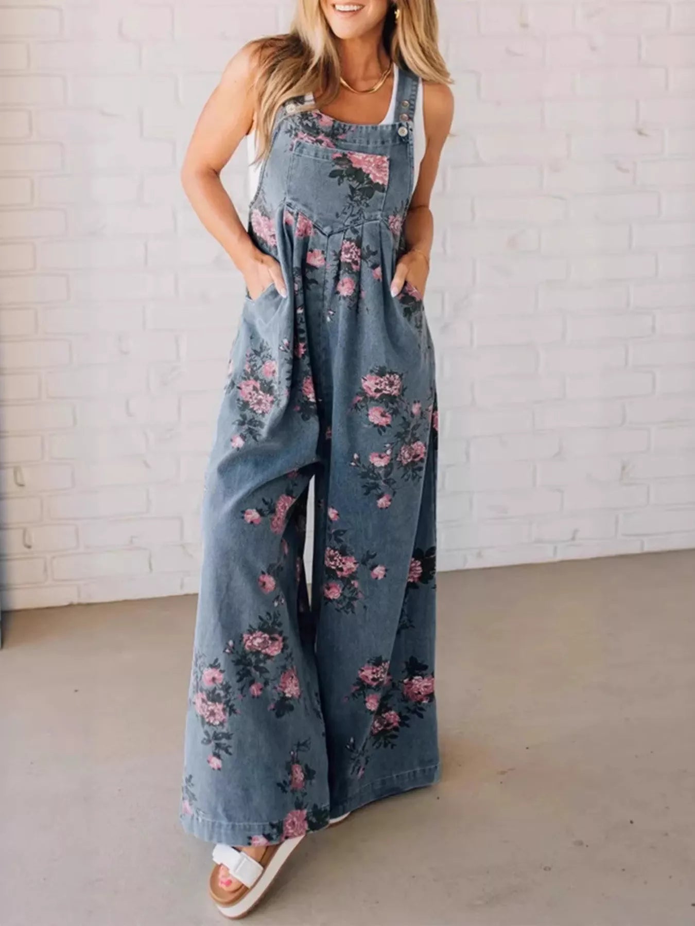 Floral Print Wide Leg Denim Overalls Medium
