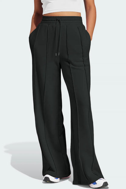 Drawstring Wide Leg Active Pants Black