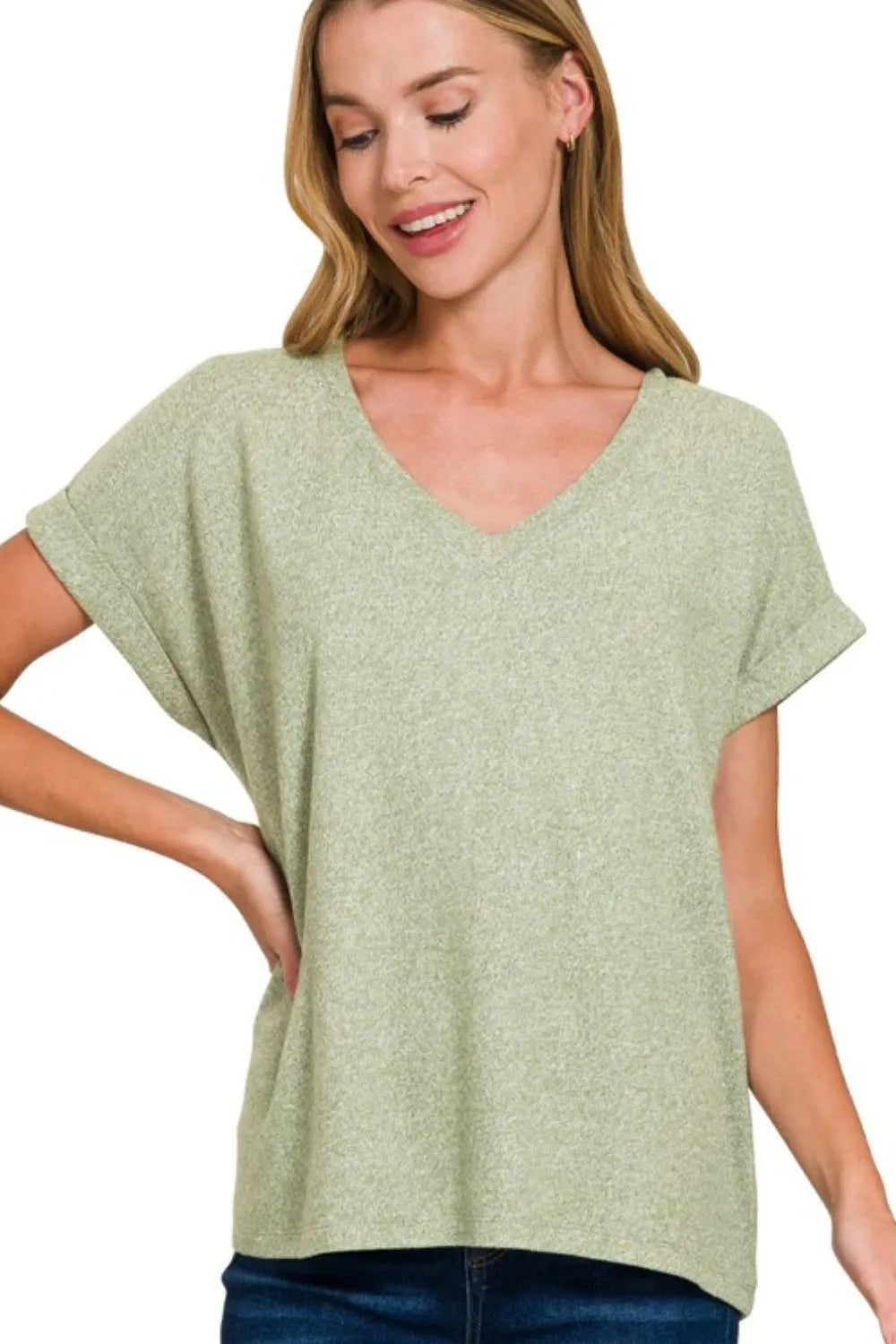 Zenana Soft Melange Hacci V-neck Tee LT OLIVE