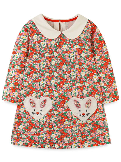 Children's Floral Print Long Sleeve Peter Pan Collar Dress Multicolor