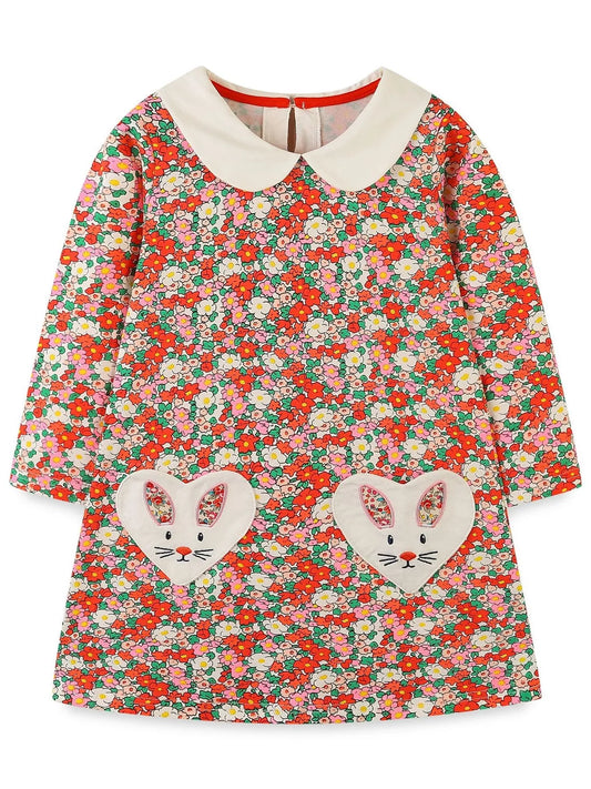 Children's Floral Print Long Sleeve Peter Pan Collar Dress Multicolor