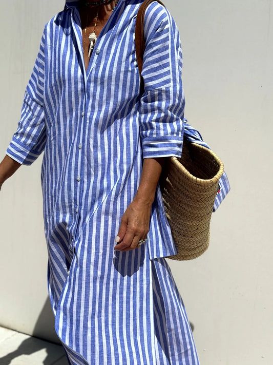 Striped Long Sleeve Shirt Dress Dusty Blue