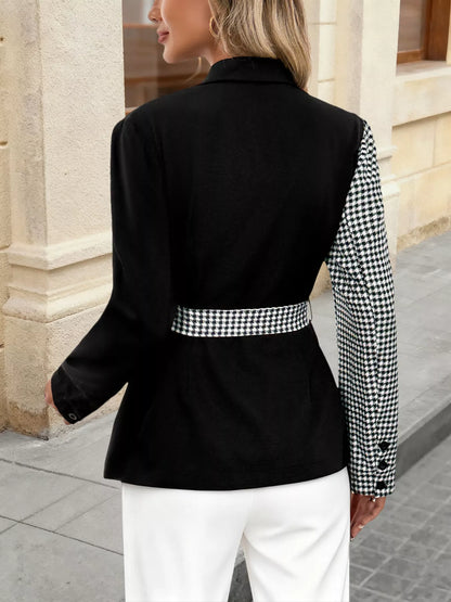 Contrast Houndstooth Tie Waist Blazer