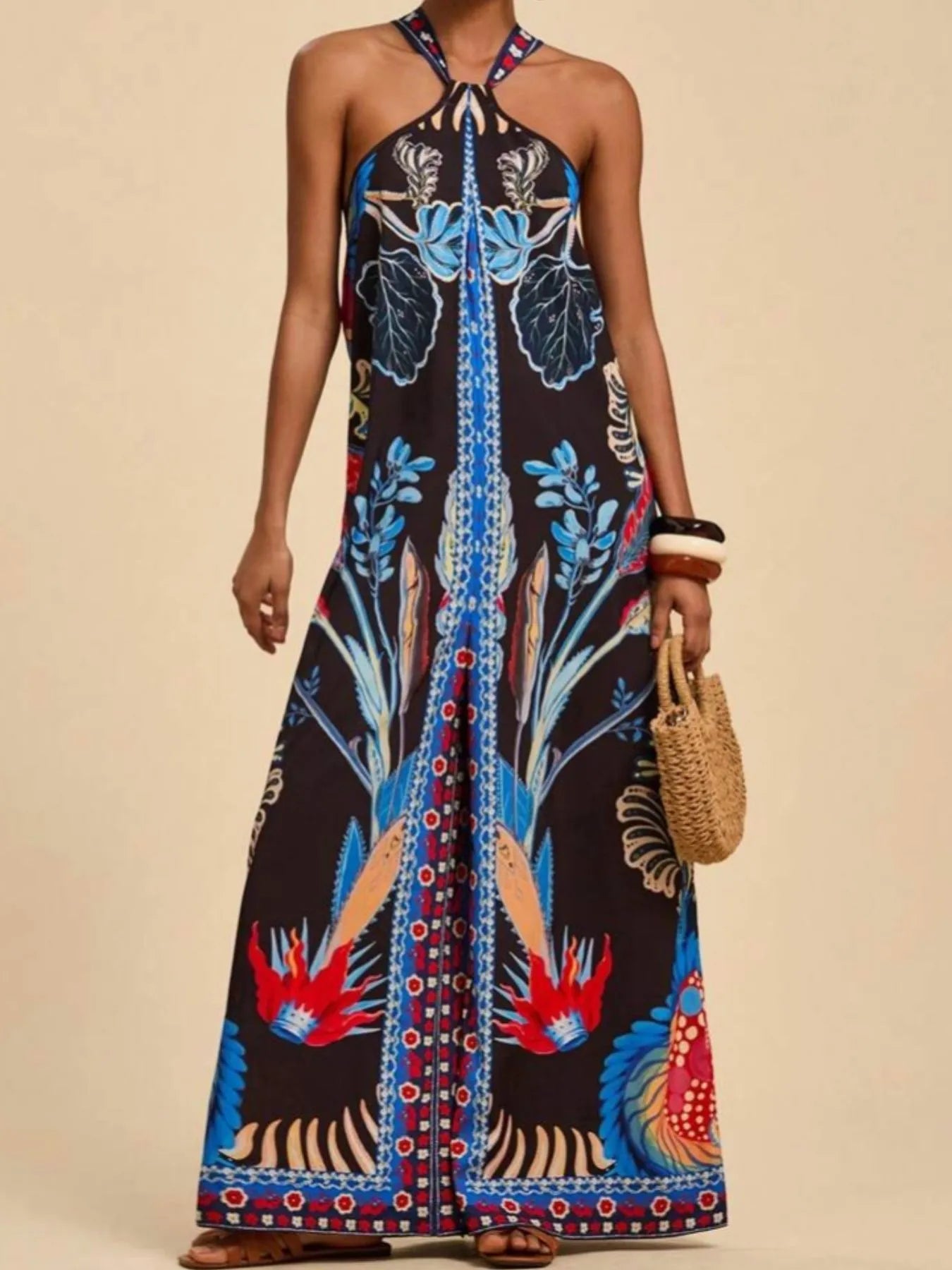 Printed Halter Wide-Leg Jumpsuit Royal Blue
