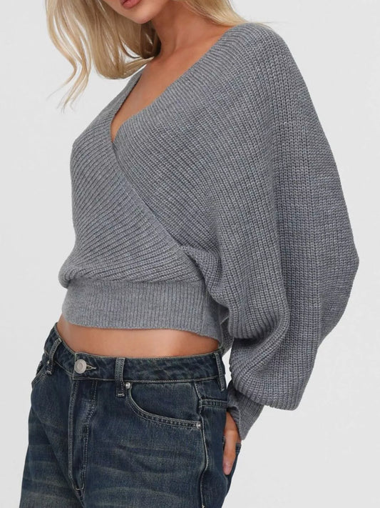 Surplice Cropped Sweater with Back Tie