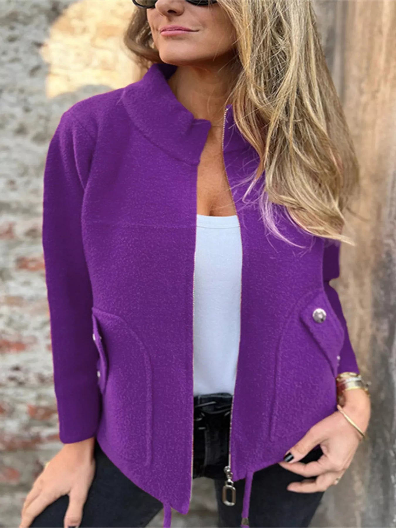 Full Size Zip-Up Long Sleeve Outerwear Plus Size Purple