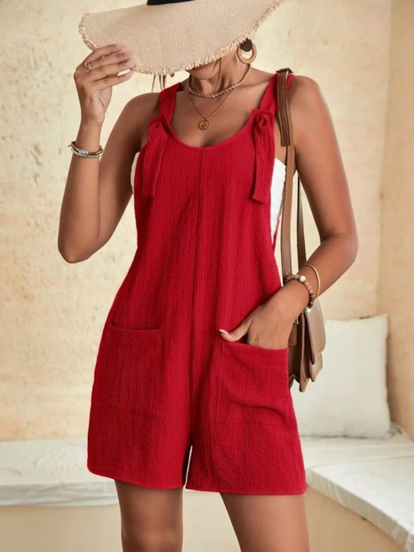 Full Size Knot Strap Romper with Pockets Plus Size
