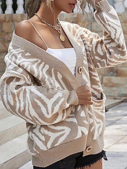 Zebra Print Button Up Cardigan Khaki