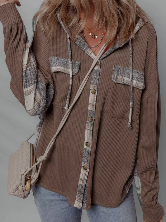 Plaid Patchwork Button Down Drawstring Hooded Shacket Coffee Brown