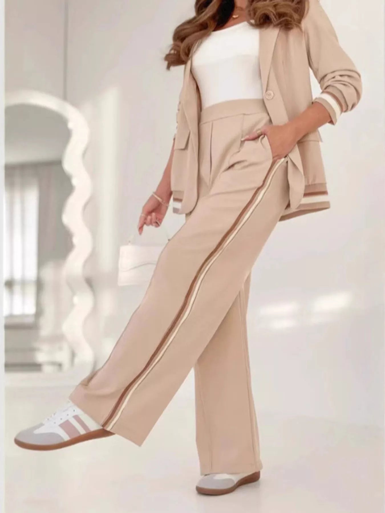 Full Size Striped Trim Button Down Jacket and Pants Set Plus Size
