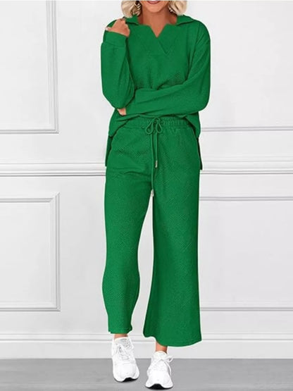 Side Slit Textured Top and Drawstring Pants Set Green