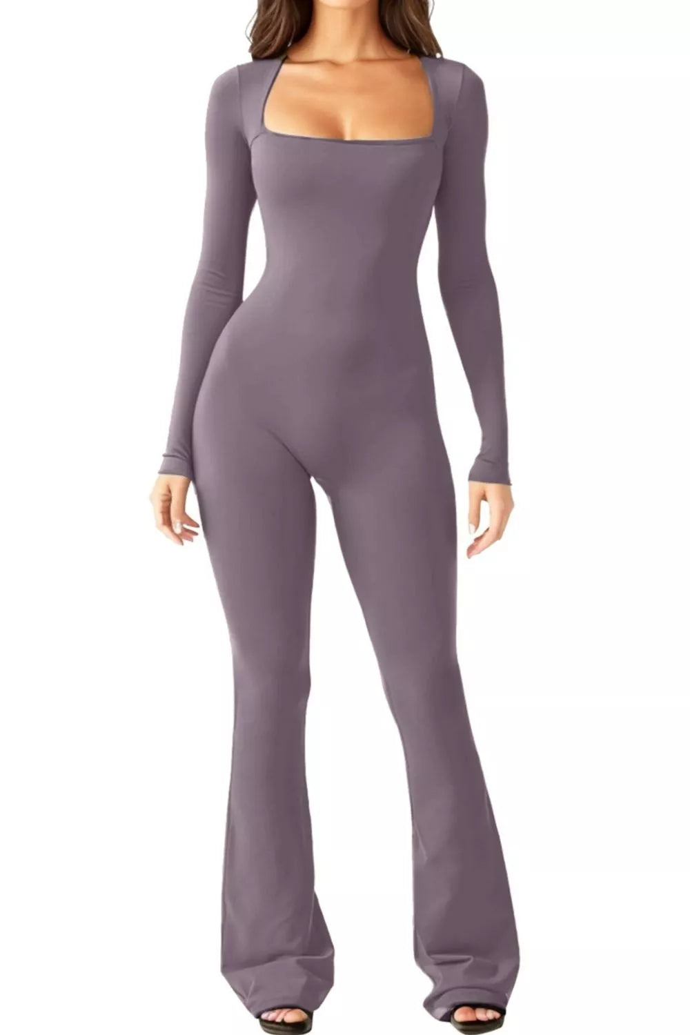 Square Neck Long Sleeve Jumpsuit Gray