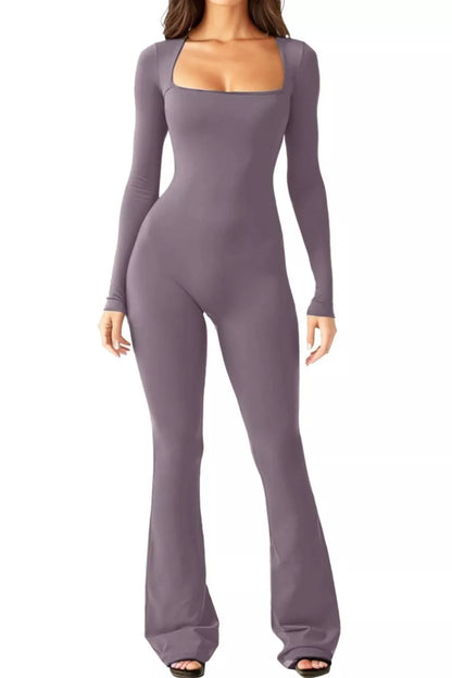 Square Neck Long Sleeve Jumpsuit Gray