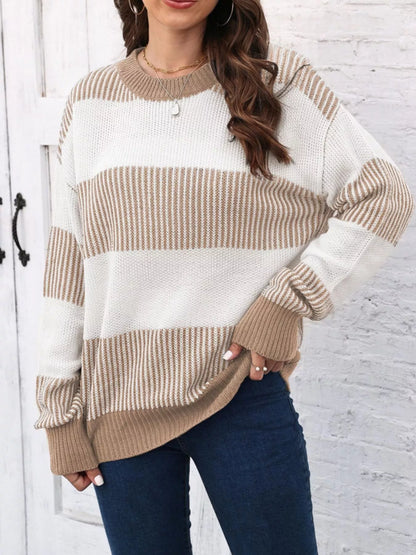 Full Size Color Block Dropped Shoulder Sweater Plus Size Tan