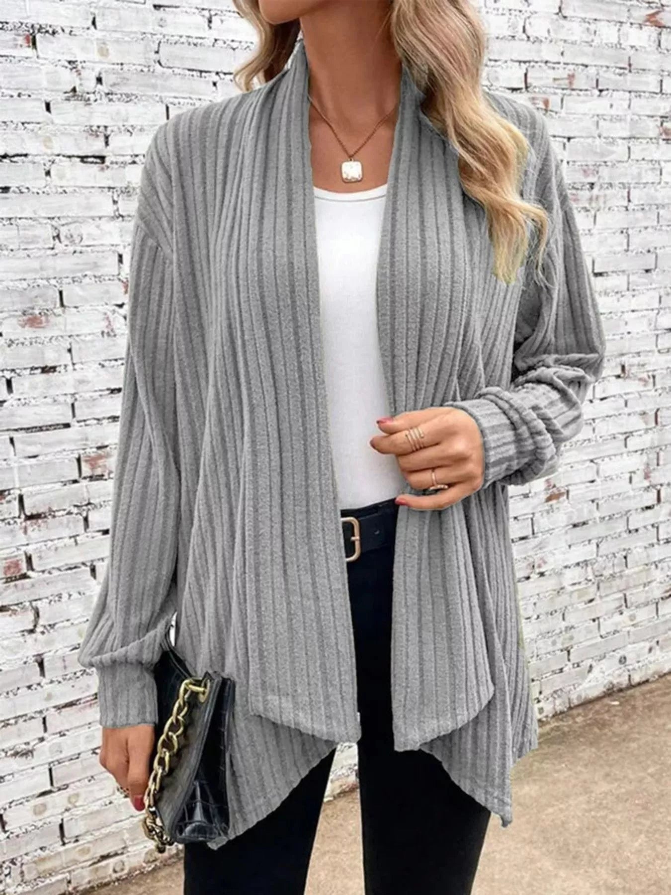 Full Size Ribbed Knit Open Front Cardigan Plus Size Gray