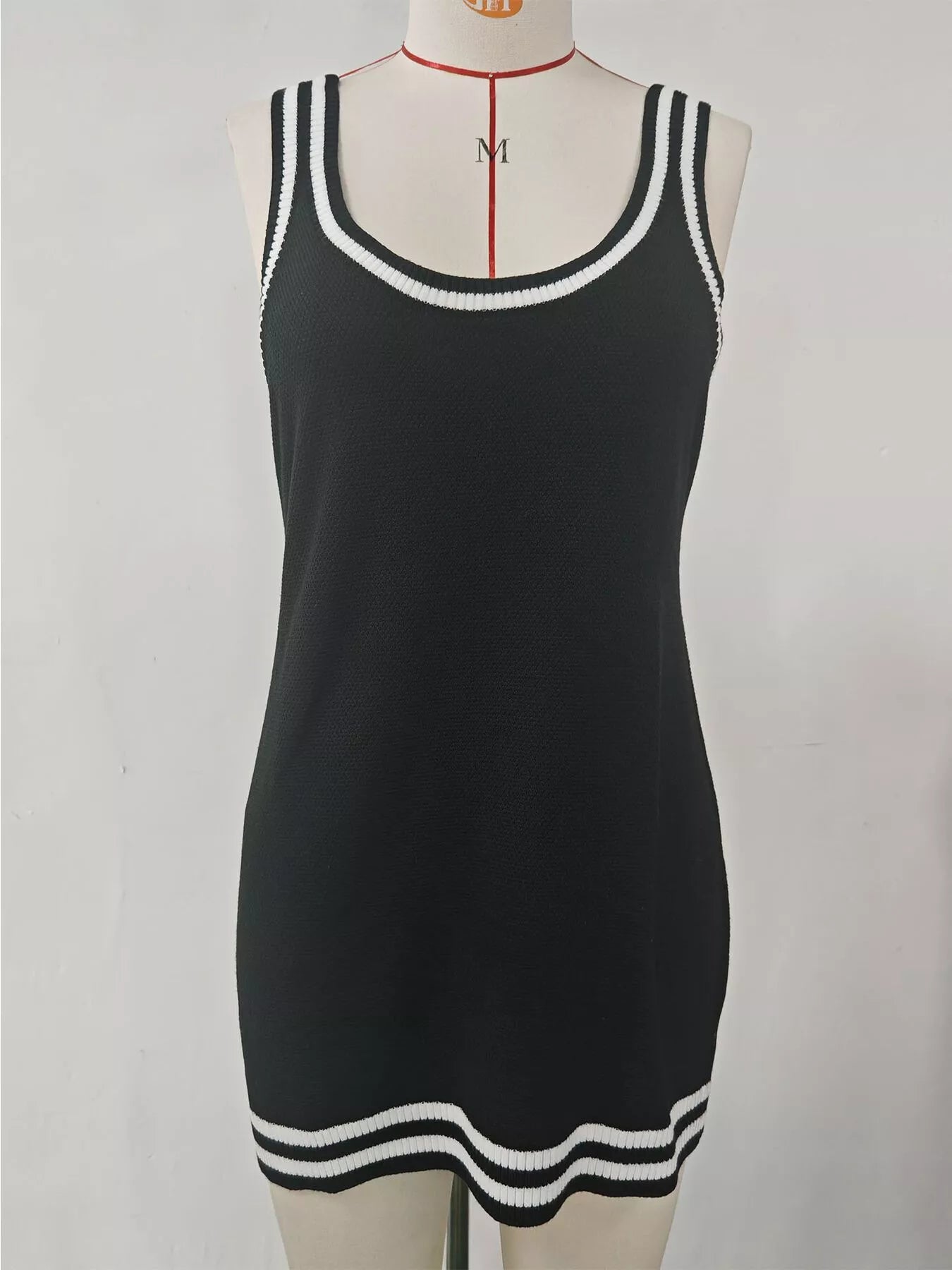 Sleeveless Ribbed Knit Sweater Dress with Contrast Trim