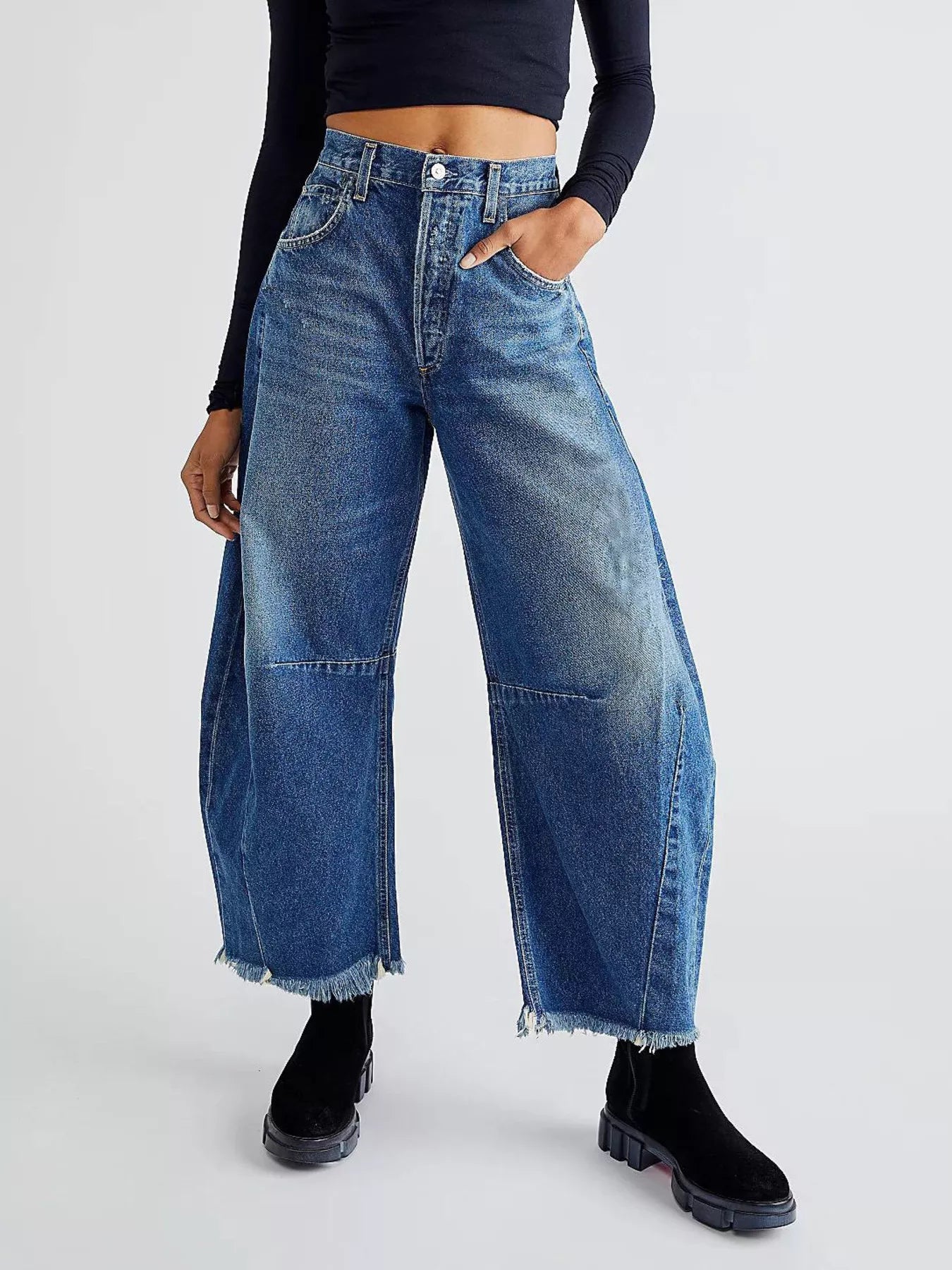 Wide Leg Raw Hem Jeans Blue