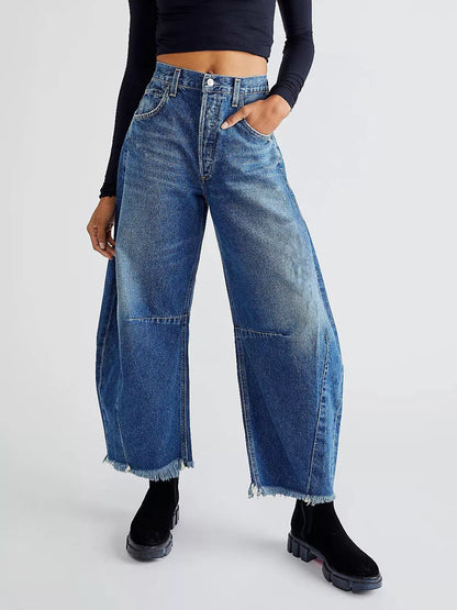 Wide Leg Raw Hem Jeans Blue